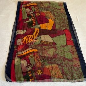 Paloma Picasso Abstract Portrait Silk Scarf in Green, Red, Yellow and Navy
